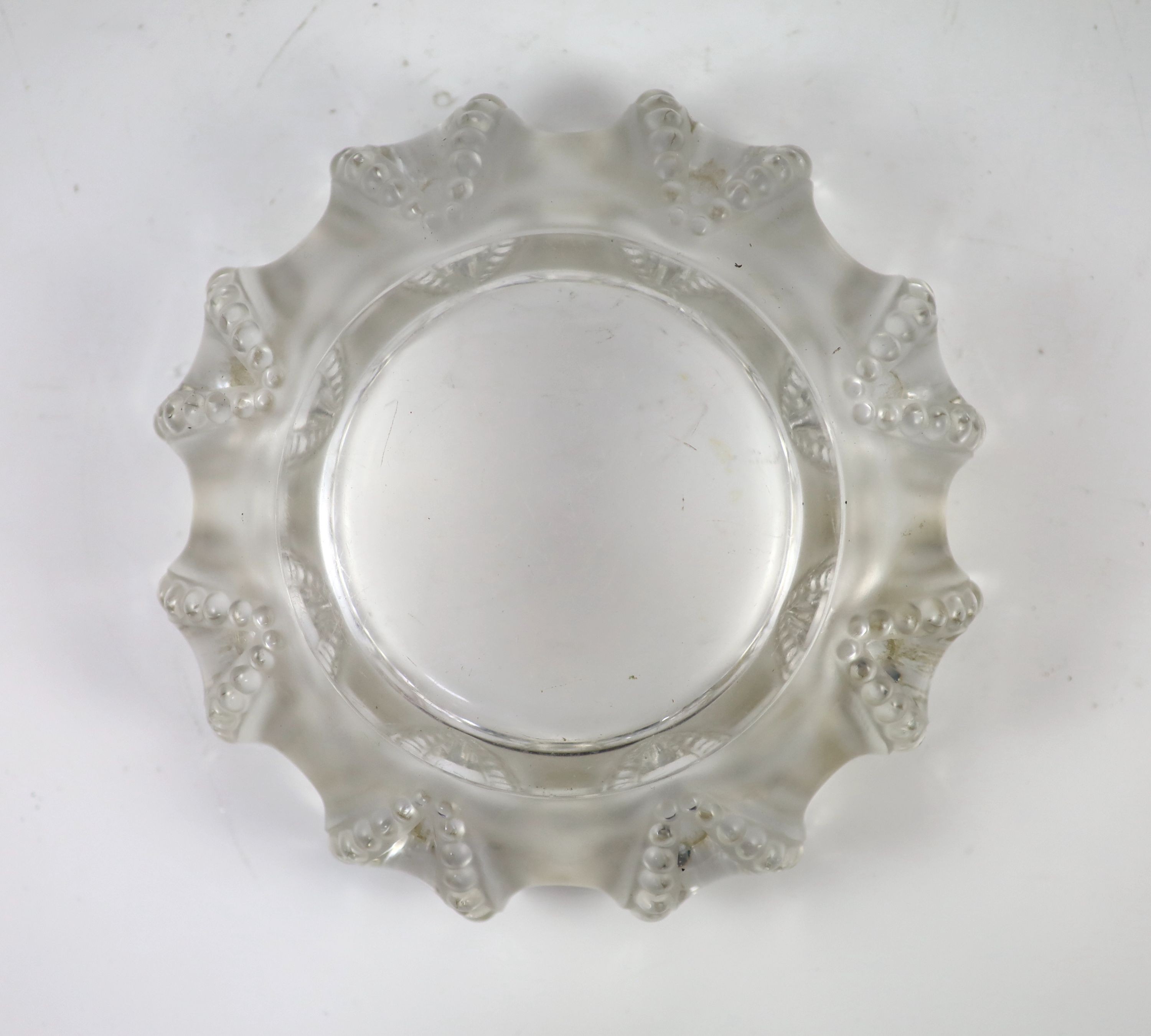 A Lalique 'Cannes' frosted glass ashtray, post war, 19.5cm diameter